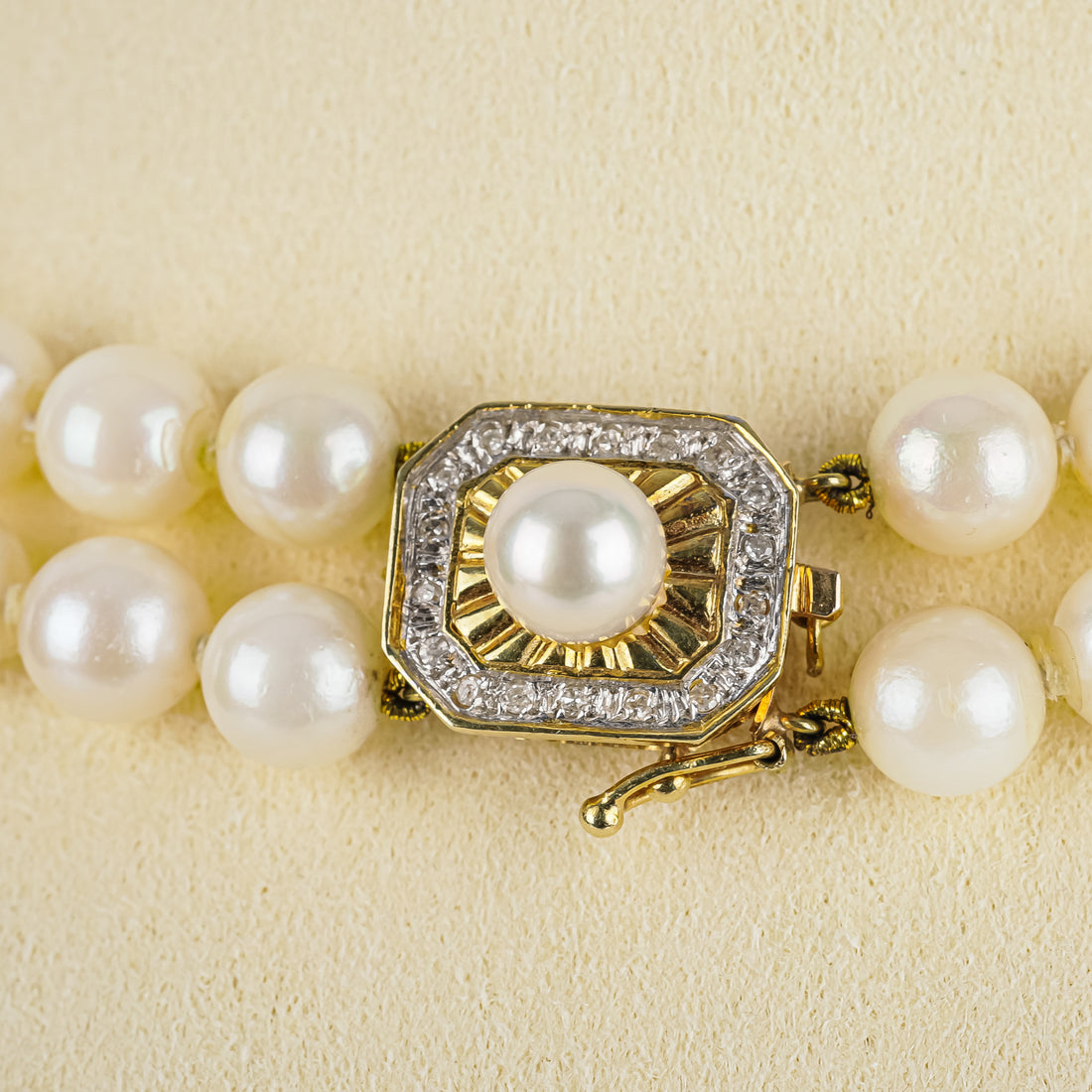14K Yellow Gold Diamond Clasp Pearl 2 Strand Necklace