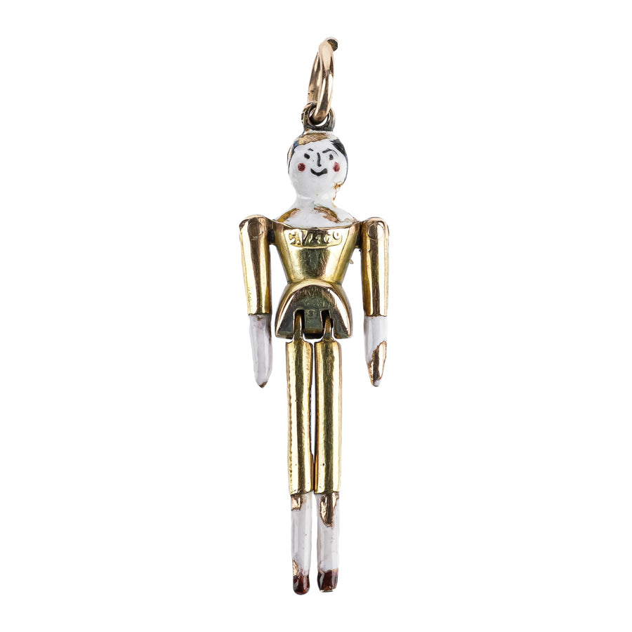GOURDEL VALES CO 9K Yellow Gold Enamel Articulating Peg Doll Pendant