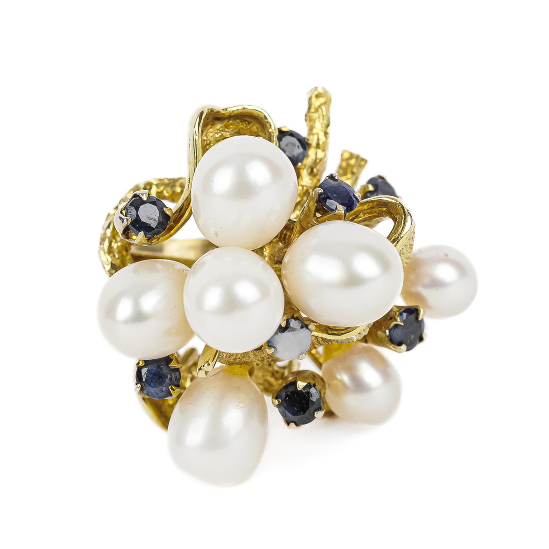 14K Yellow Gold Pearl & Sapphire Cluster Ring