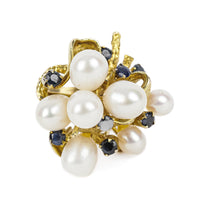 14K Yellow Gold Pearl & Sapphire Cluster Ring