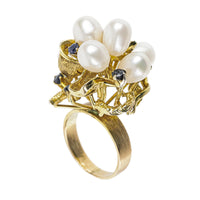 14K Yellow Gold Pearl & Sapphire Cluster Ring