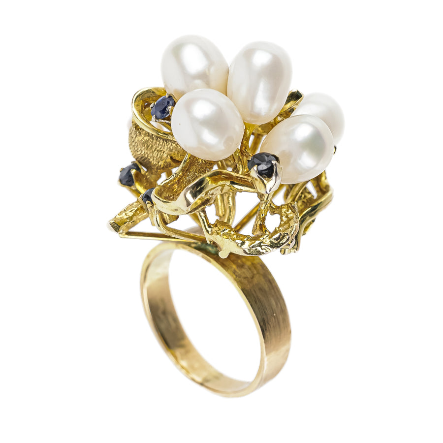 14K Yellow Gold Pearl & Sapphire Cluster Ring