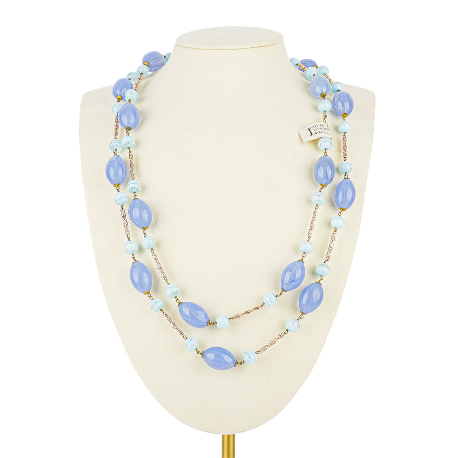 Vintage Murano Bead Necklace - Cornflower Blue & Light Blue