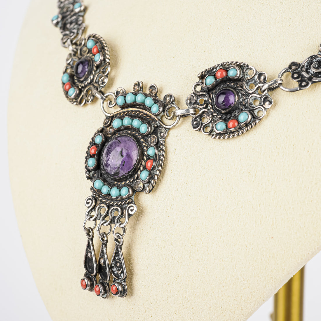 ESCORCIA 950 Silver Amethyst Turquoise Coral Bracelet & Necklace Set