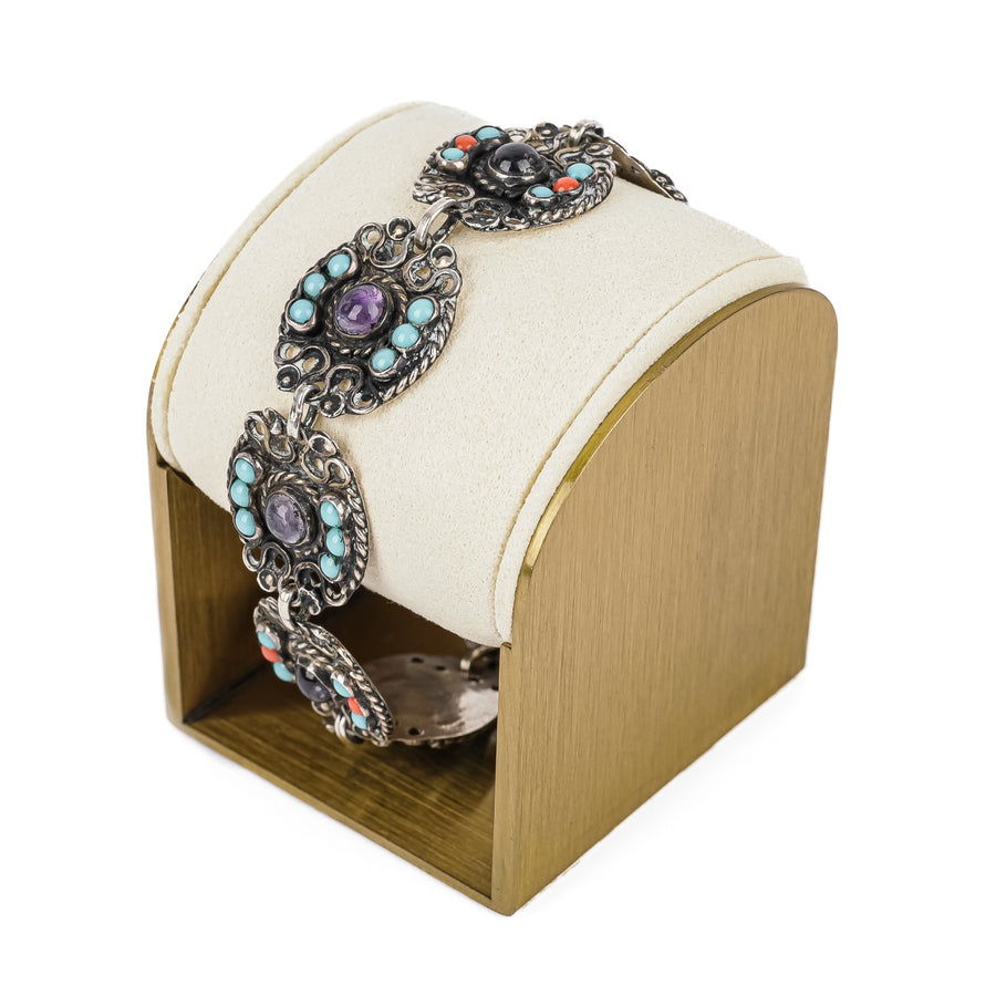 ESCORCIA 950 Silver Amethyst Turquoise Coral Bracelet & Necklace Set