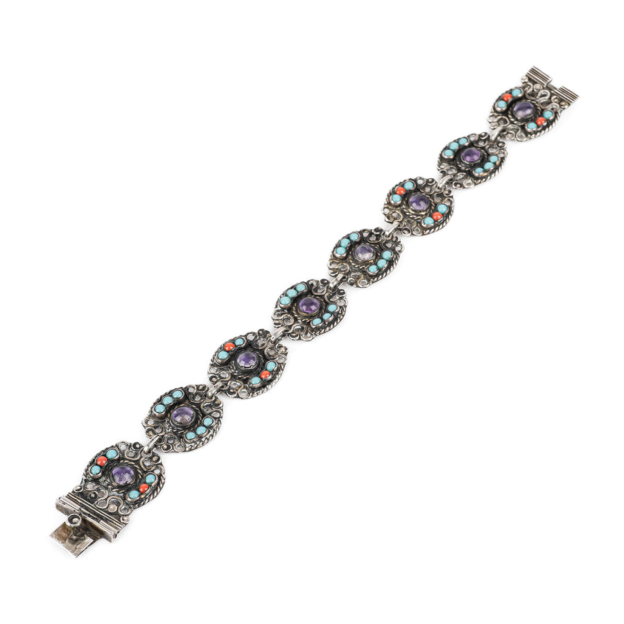ESCORCIA 950 Silver Amethyst Turquoise Coral Bracelet & Necklace Set