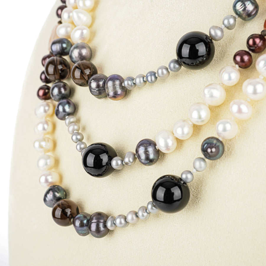 Pearl Smoky Quartz Onyx Carnelian Infinity Necklace