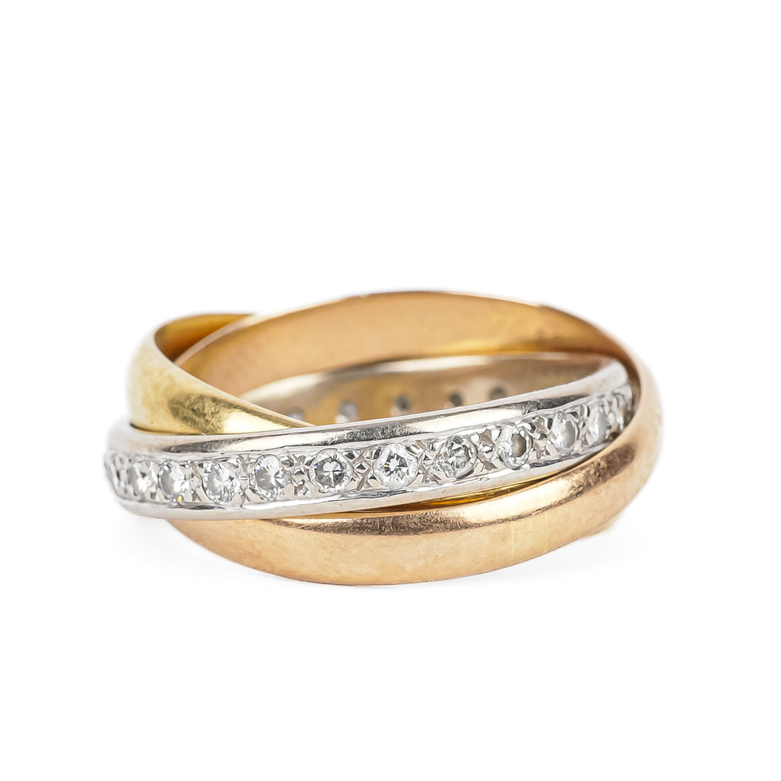 18K Yellow Gold White Gold And Rose Gold Diamond Trinity Rolling Ring