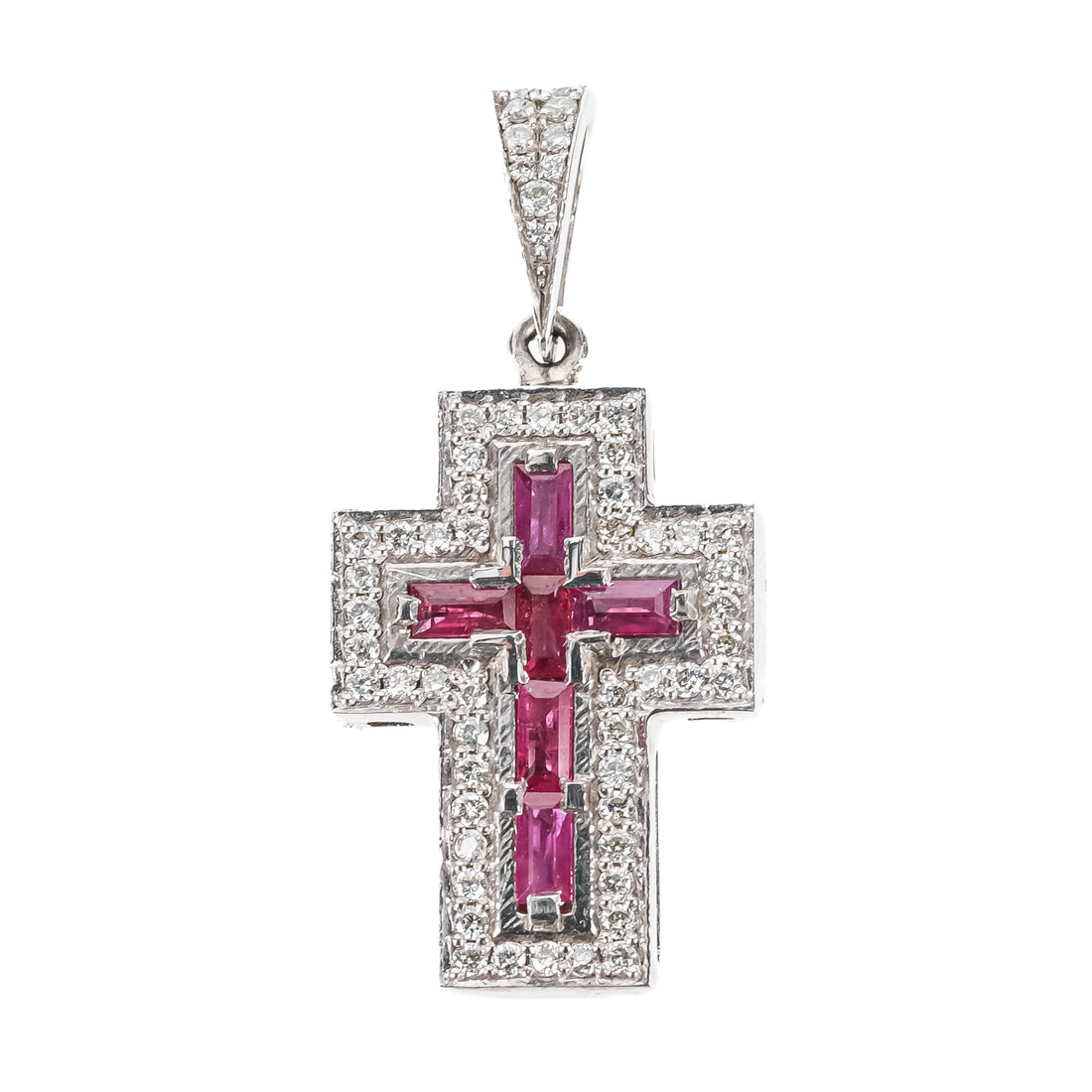 14K White Gold Ruby Diamond Cross Pendant