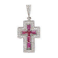 14K White Gold Ruby Diamond Cross Pendant