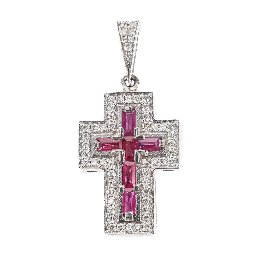 14K White Gold Ruby Diamond Cross Pendant