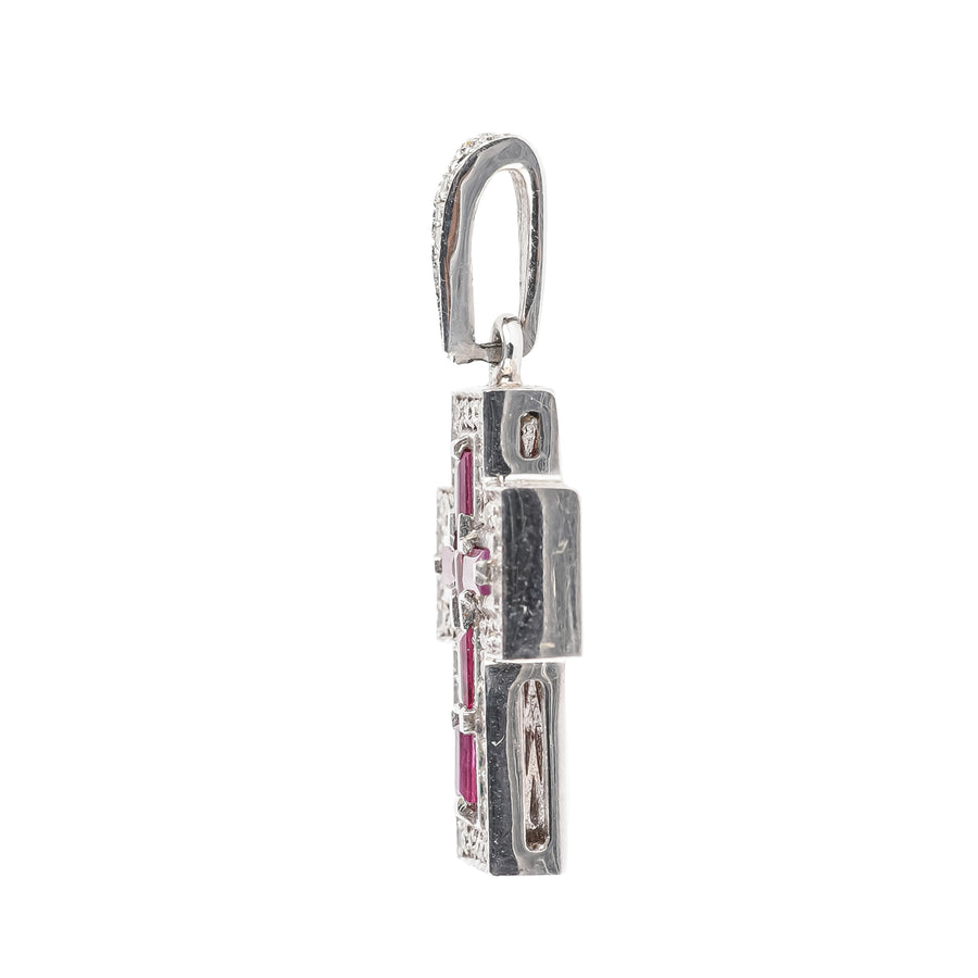 14K White Gold Ruby Diamond Cross Pendant
