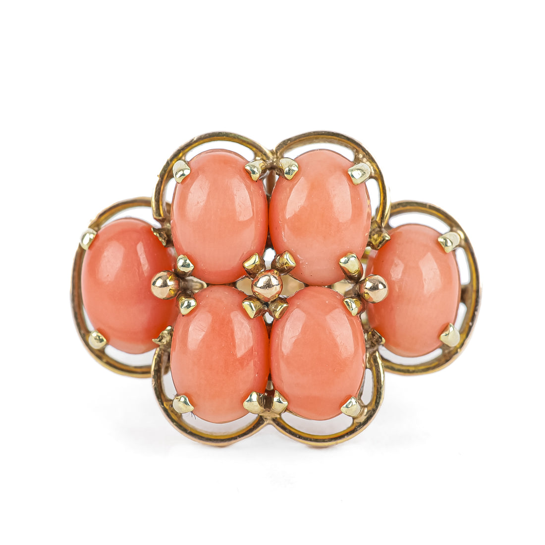 14K Yellow Gold Coral Cabochon Cluster Ring