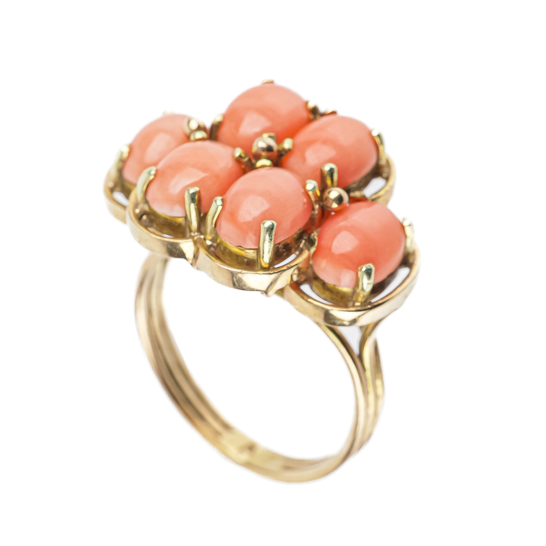 14K Yellow Gold Coral Cabochon Cluster Ring