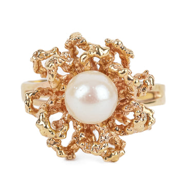 14K Yellow Gold Pearl Textured Flower Ring