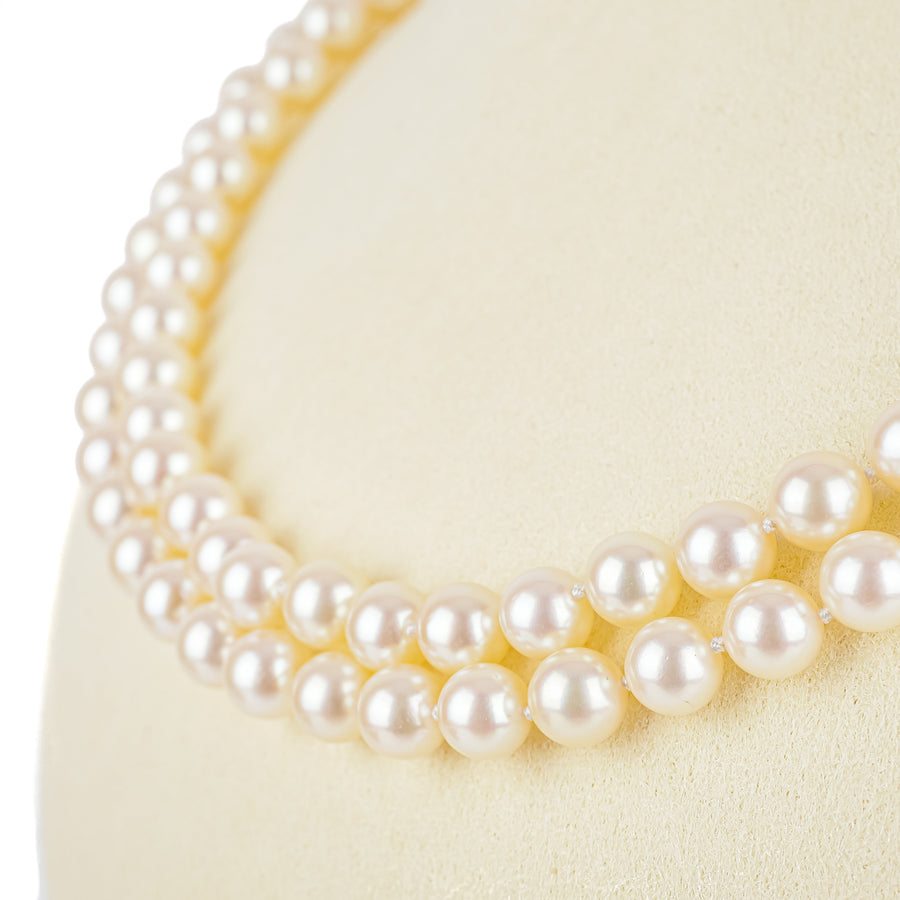 14K Yellow Gold Sapphire Clasp 2 Strand Pearl Necklace