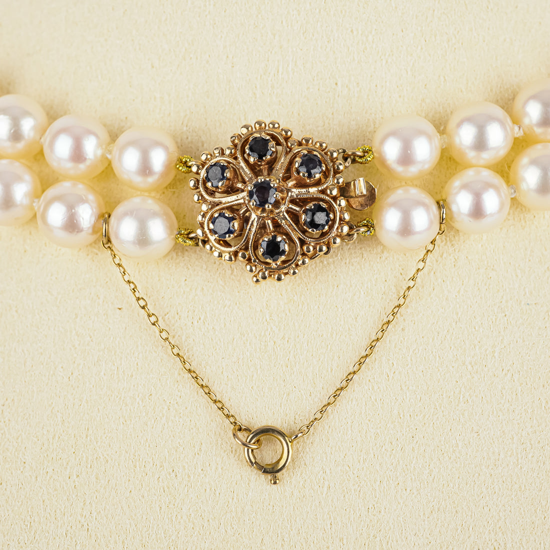 14K Yellow Gold Sapphire Clasp 2 Strand Pearl Necklace