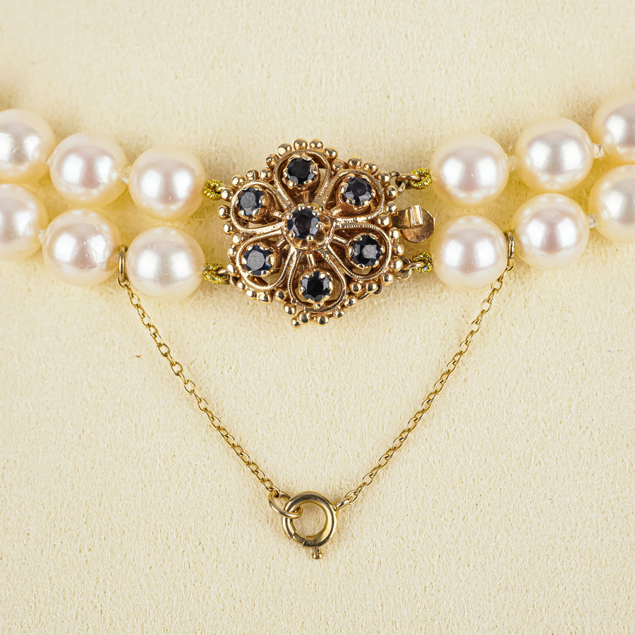 14K Yellow Gold Sapphire Clasp 2 Strand Pearl Necklace