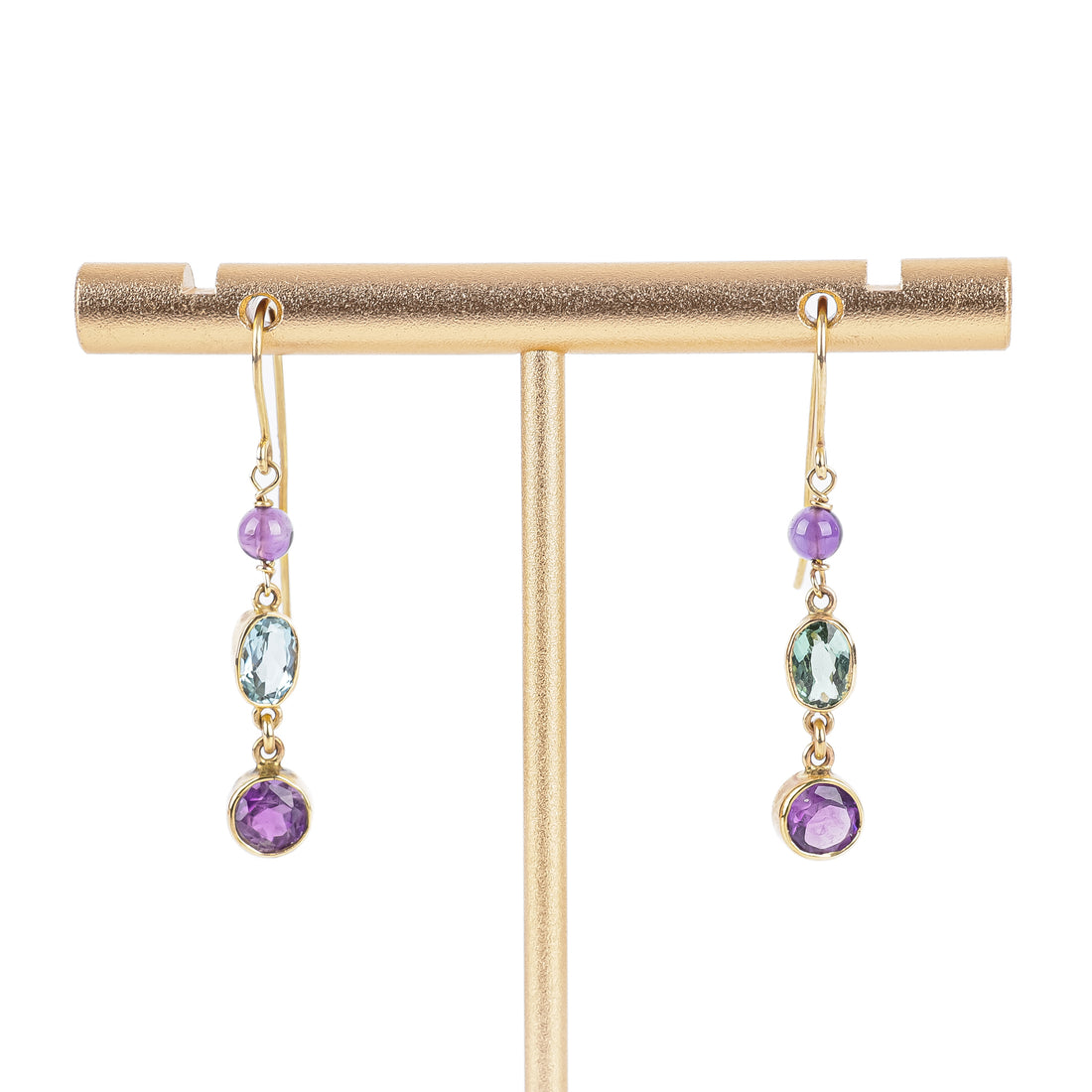 14K Yellow Gold Aquamarine Amethyst Drop Earrings