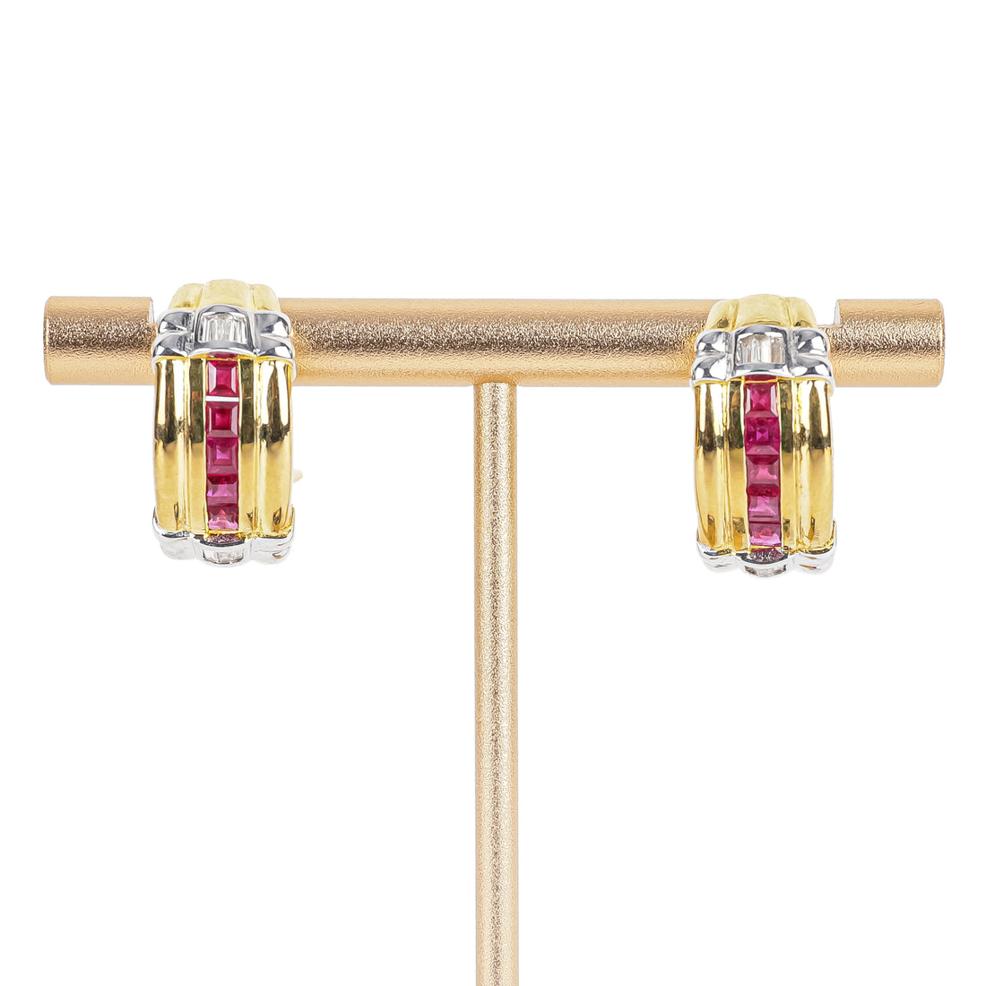 14K Yellow Gold Square Baguette Ruby & Diamond Omega Earrings