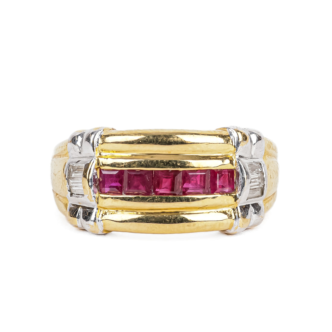 14K Yellow Gold Square Baguette Ruby & Diamond Band Ring