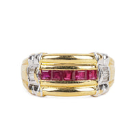14K Yellow Gold Square Baguette Ruby & Diamond Band Ring