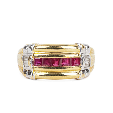 14K Yellow Gold Square Baguette Ruby & Diamond Band Ring