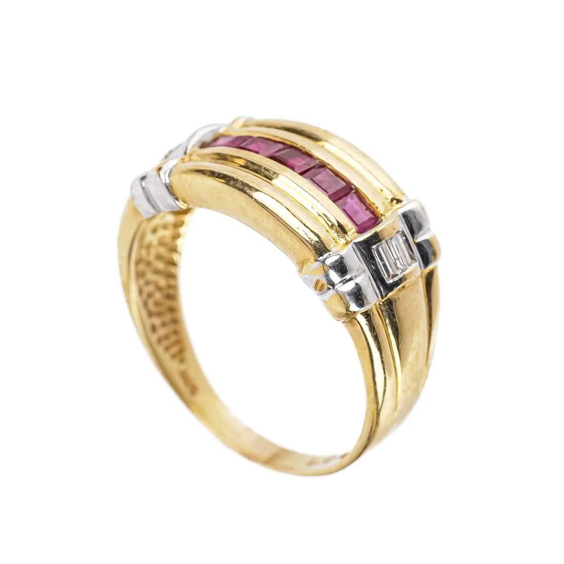 14K Yellow Gold Square Baguette Ruby & Diamond Band Ring