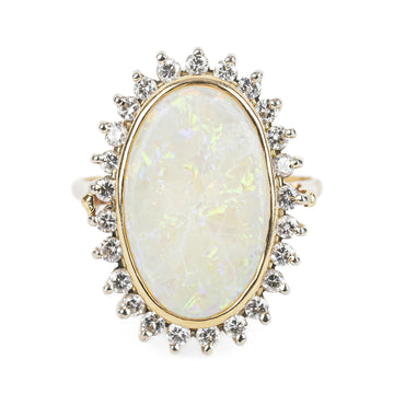 14K Yellow & White Gold Oval Opal Diamond Halo Ring