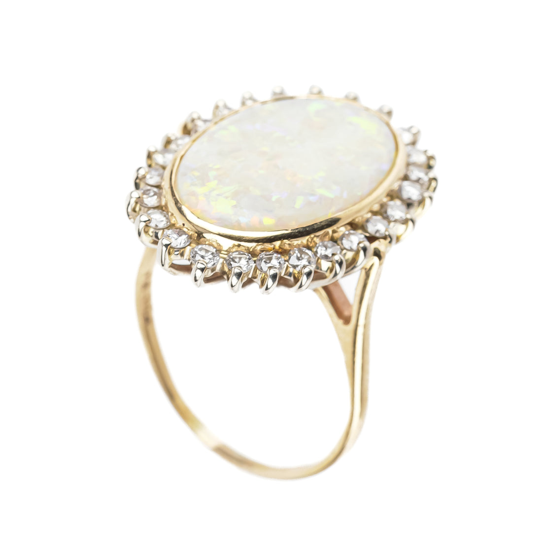 14K Yellow & White Gold Oval Opal Diamond Halo Ring
