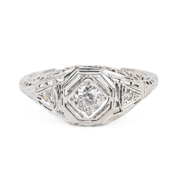 Art Deco 18K White Gold Old European Cut Diamond Ring