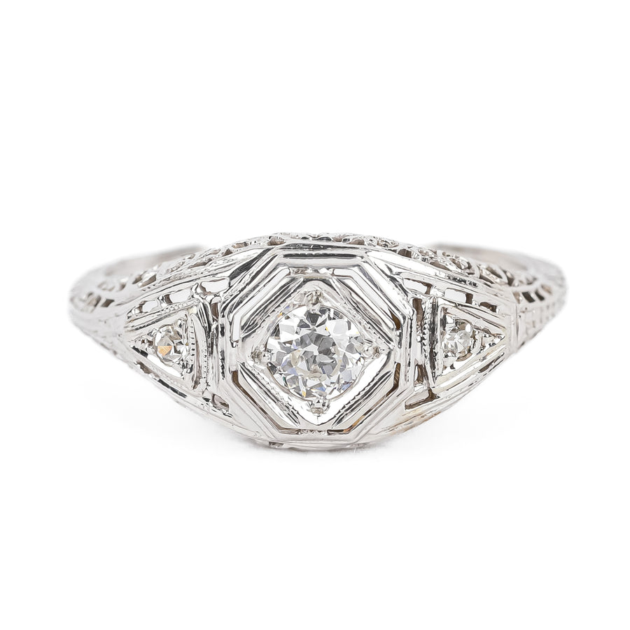 Art Deco 18K White Gold Old European Cut Diamond Ring