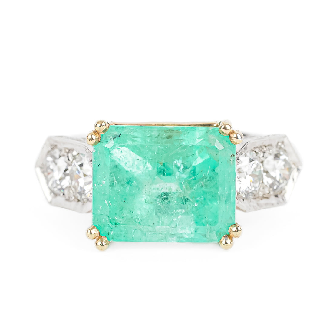 14K White & Yellow Gold Emerald Cut Emerald Diamond Ring