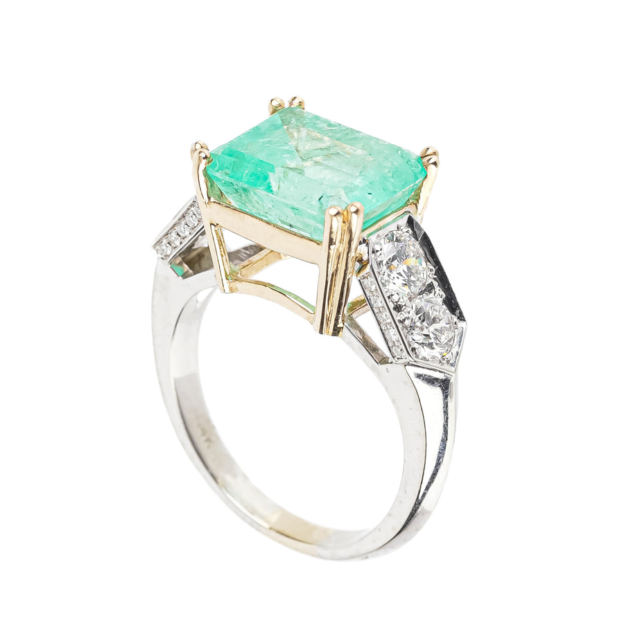 14K White & Yellow Gold Emerald Cut Emerald Diamond Ring