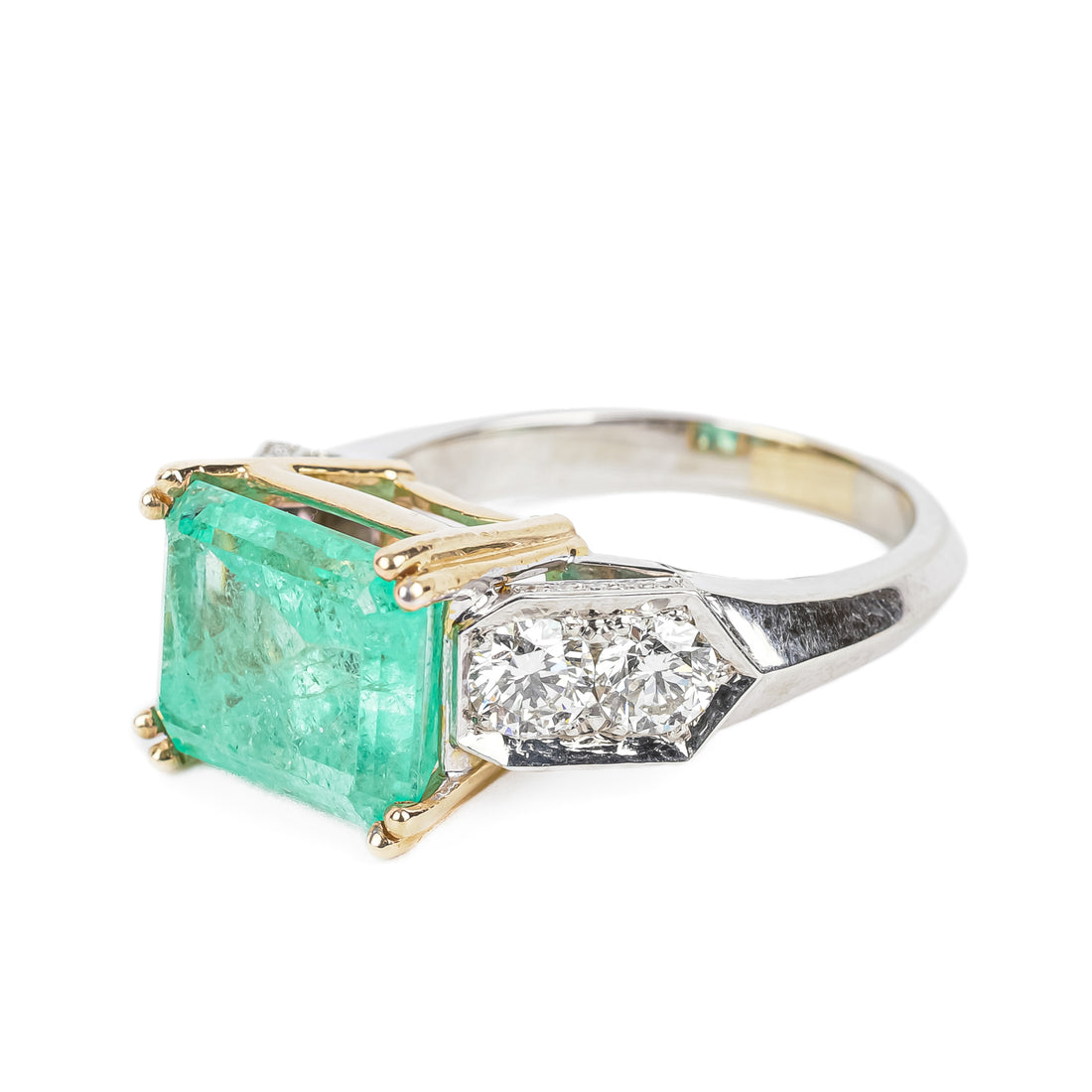 14K White & Yellow Gold Emerald Cut Emerald Diamond Ring