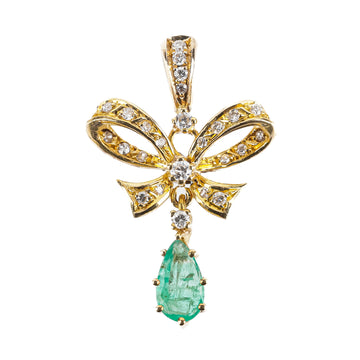 14K Yellow Gold Pear Shaped Emerald Diamond Drop Pendant