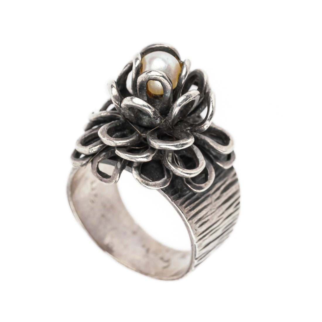 OPUS Sterling Brutalist Pearl Flower Ring