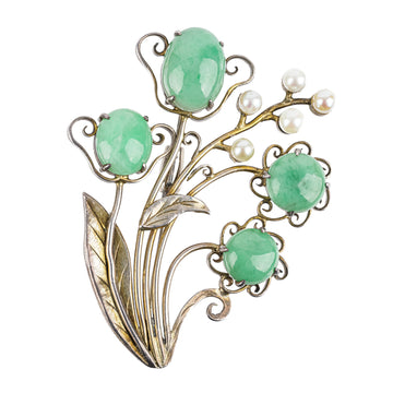 Chinese Export Gilt Silver Aventurine Pearl Flower Brooch