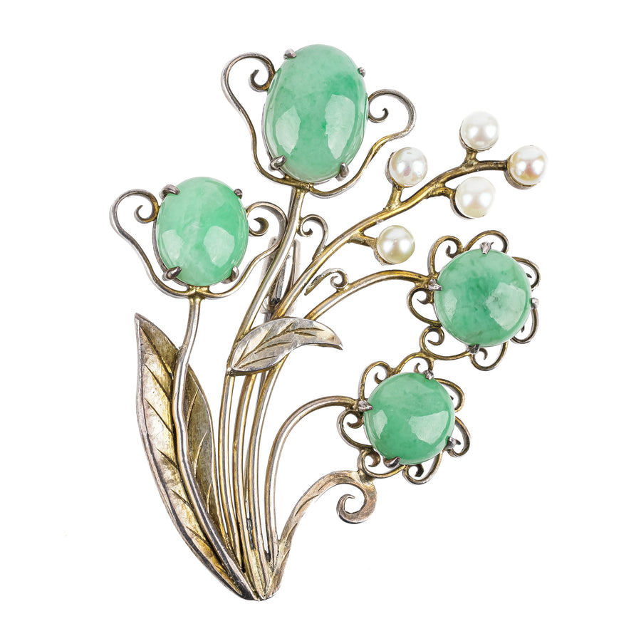 Chinese Export Gilt Silver Aventurine Pearl Flower Brooch