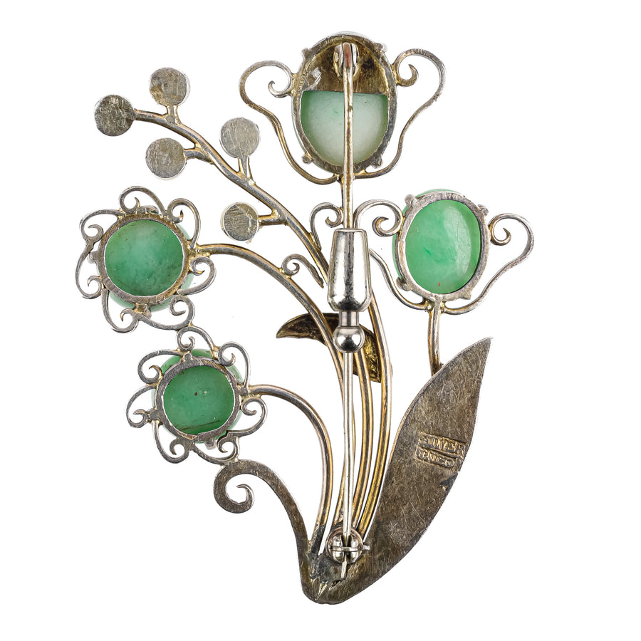 Chinese Export Gilt Silver Aventurine Pearl Flower Brooch