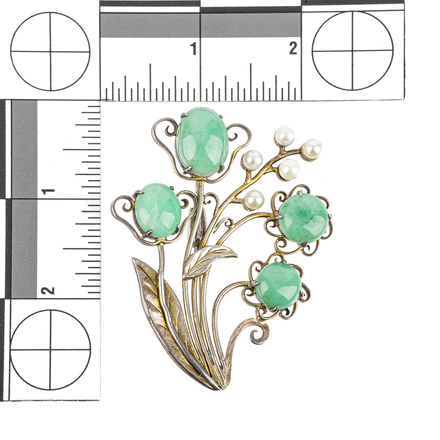 Chinese Export Gilt Silver Aventurine Pearl Flower Brooch