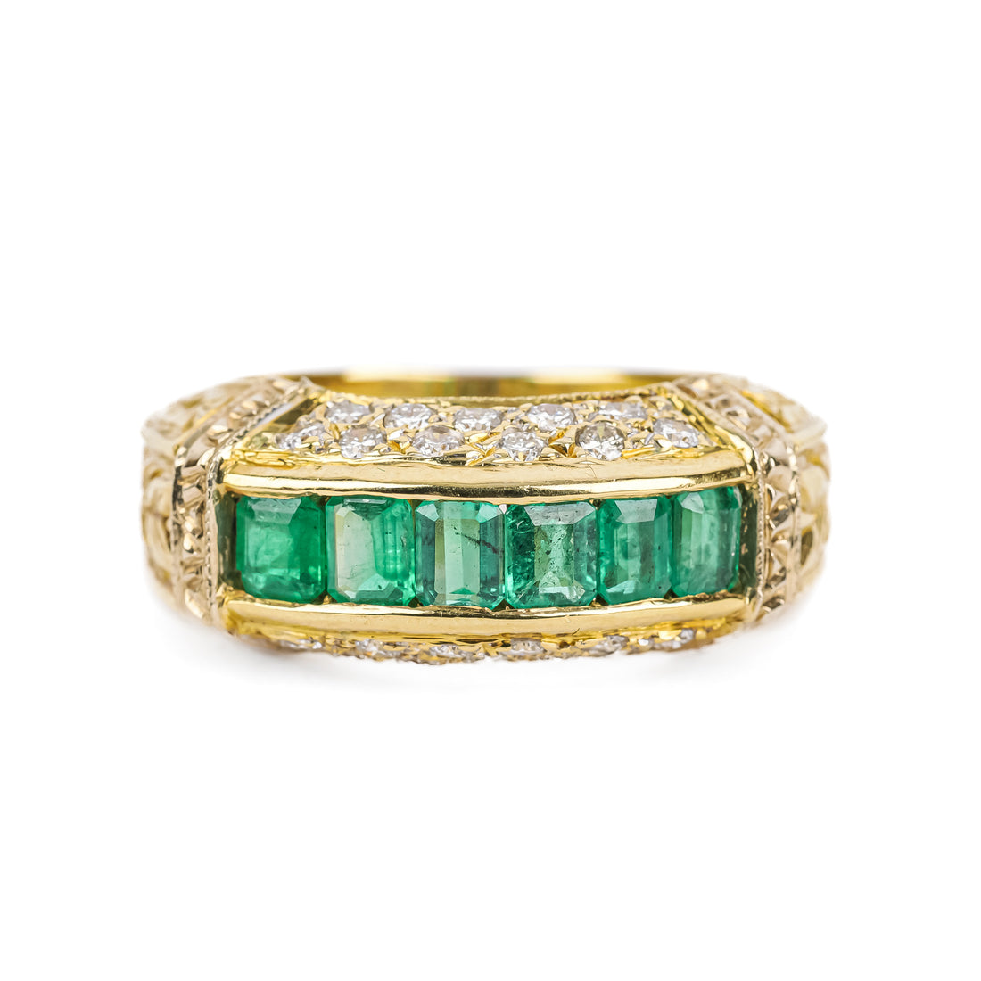18K Yellow Gold Channel Set Emerald Diamond Ring