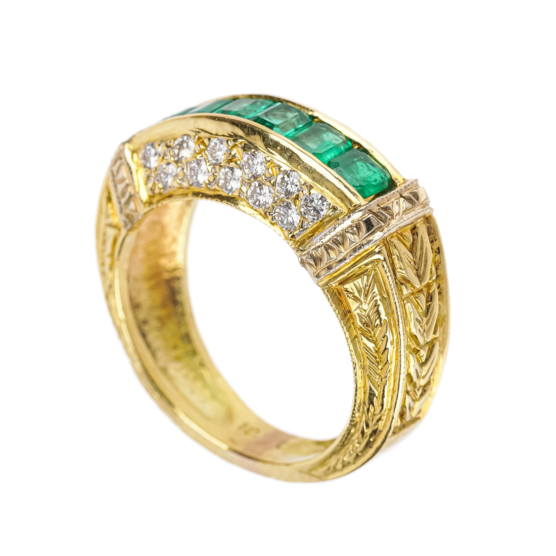 18K Yellow Gold Channel Set Emerald Diamond Ring