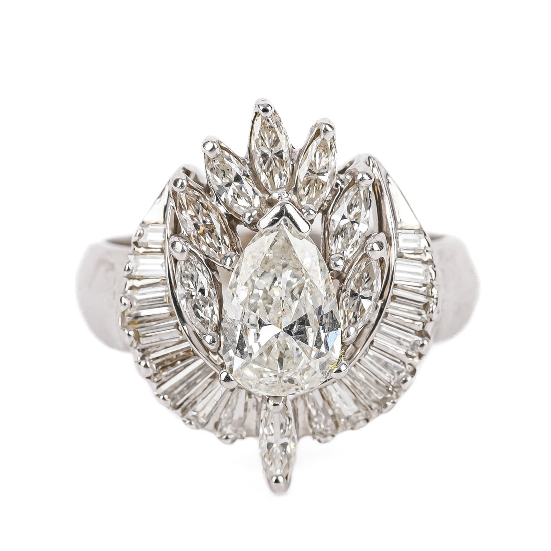 14K White Gold Pear Shaped Diamond Cluster Ring