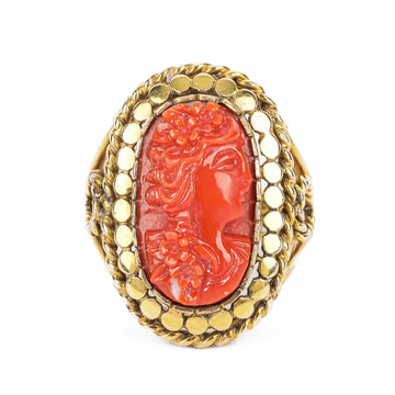18K Yellow Gold Carved Coral Portrait of Lady Ring