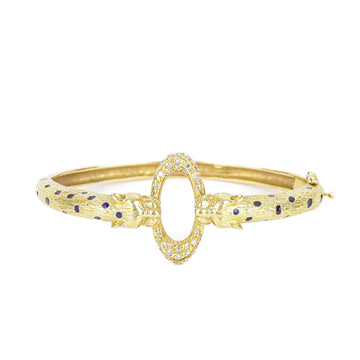 18K Yellow Gold Blue Enamel Diamond Hinged Bangle with Panthers