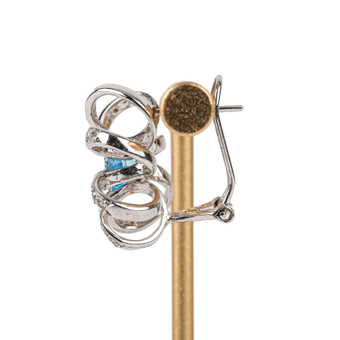 14K White Gold Oval Blue Topaz Diamond Omega Earrings