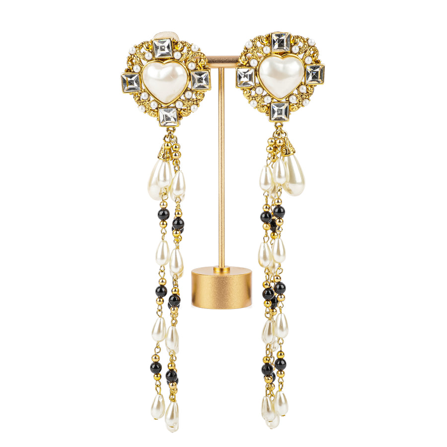 ALFRED SUNG Gold Tone Faux Pearl Onyx Rhinestone Drop Clips