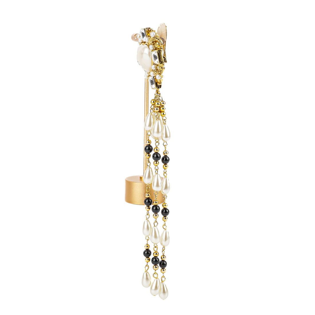 ALFRED SUNG Gold Tone Faux Pearl Onyx Rhinestone Drop Clips