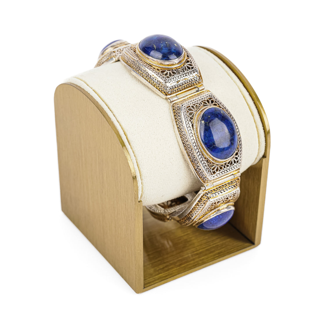 Chinese Export Silver Lapis Filigree Panel Bracelet